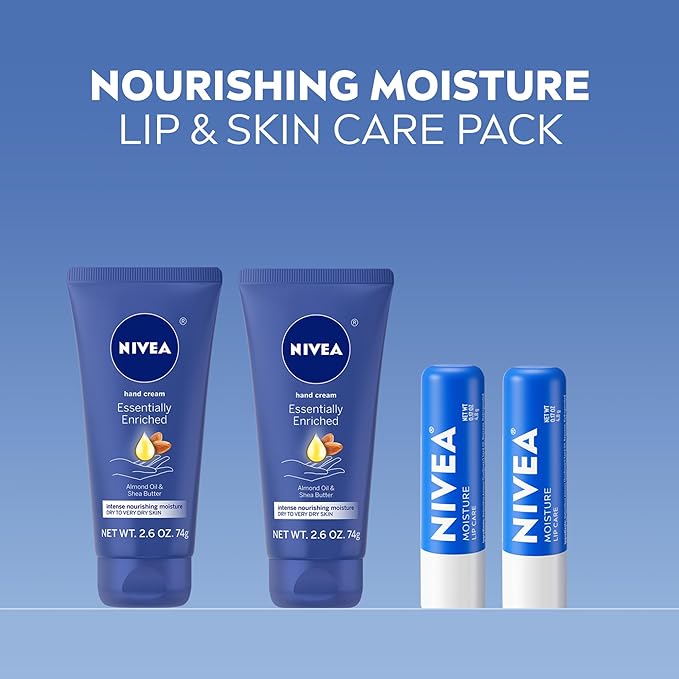 NIVEA Moisturizing Must-Haves Skin Care Set, Essentially Enriched Hand Cream with Almond Oil and Shea Butter, 2.6 Oz Tube (Pack of 2) + Moisture Lip Care Lip Balm, 0.17 Oz Stick (Pack of 2)