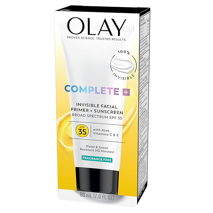 Olay Invisible Facial Primer + Sunscreen SPF 35, Aloe, Vitamin C & E Enriched, Lightweight, Water & Sweat Resistant & 100% Invisible, 2 fl oz