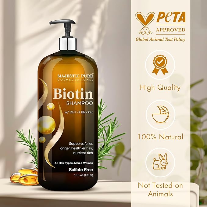 Majestic Pure Biotin Shampoo - Volumizing Shampoo for Hair Loss - with DHT-3 Blocker - Hydrating & Nourishing - Sulfate Free, for Men & Women - Thin Hair Shampoo - 16 fl oz