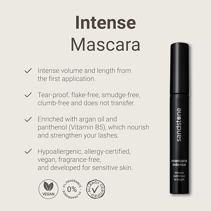 Sandstone Scandinavia Hypoallergenic Mascara for Sensitive Eyes – Smudge-Proof & Sweatproof Lengthening Mascara with Lash Separation – Vegan, Fragrance-Free & Allergy Certified – Brown