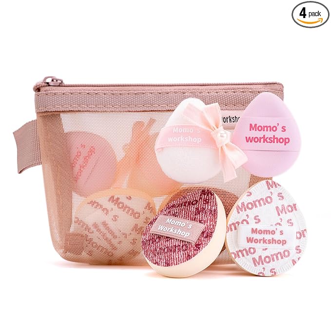 Momo's Workshop Mini Denim Makeup Sponge Set,Mini Makeup Blenders Sponge for Concealer/Blush/Highlighter, Perfect for Detail Work & Travel,4pcs Pink Mini Concealer Puffs with Travel Pouch