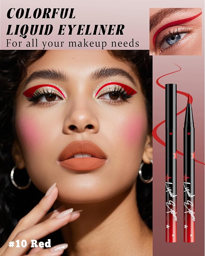 Colored Liquid Eyeliner Pen, Red Waterproof Waterline Matte Eye Liner Pencil, High Pigmented Long Lasting Quick Drying Bright Colorful Eyeliner Pen for Women, Valentine’s Day Eye Makeup Gifts-10