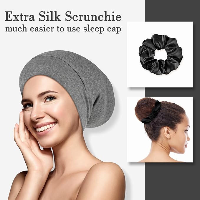 LULUSILK Mulberry Silk Bonnet for Sleeping Women, Real Silk Sleep Cap for Curly Hair and Braids, Pure Head Wrap with Scrunchies, Grey