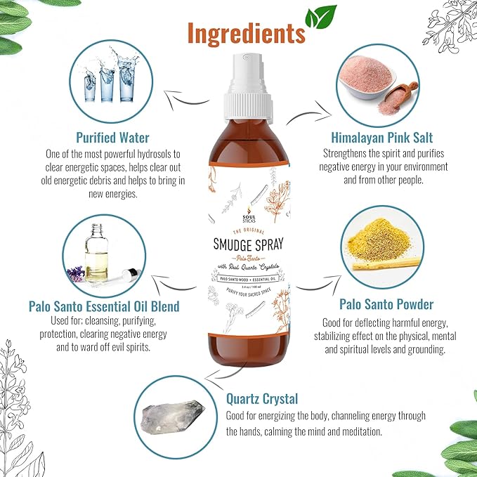 SOUL STICKS Palo Santo Smudge Spray – 3.5oz Smokeless Energy Mist with Quartz Crystals – Non-Toxic Cleansing Spray for Room, Meditation, Travel, Spiritual Rituals & Aura Purification