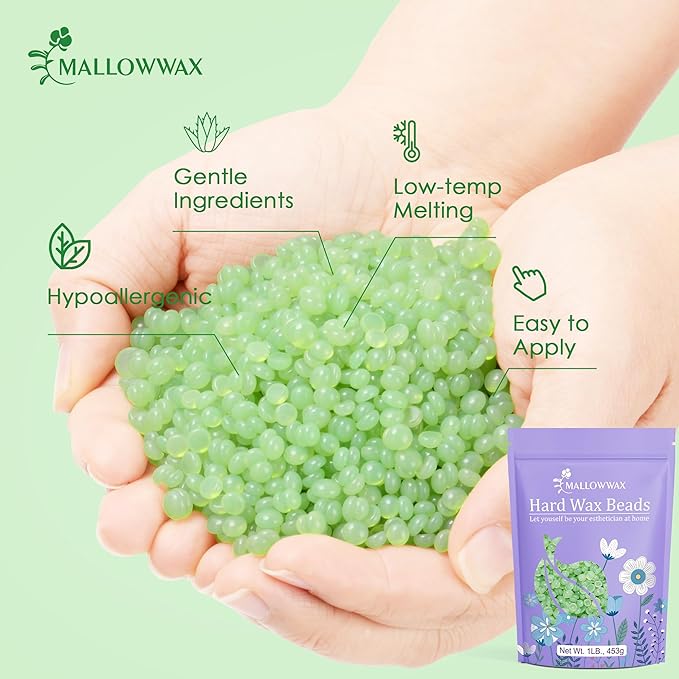 Mallowwax 1LB Aloe Hard Wax Beads, Hair Removal Wax for Full Body, Eyebrow, Legs, Bikini Brazilian Waxing - Perfect for Coarse and Fine Hair
