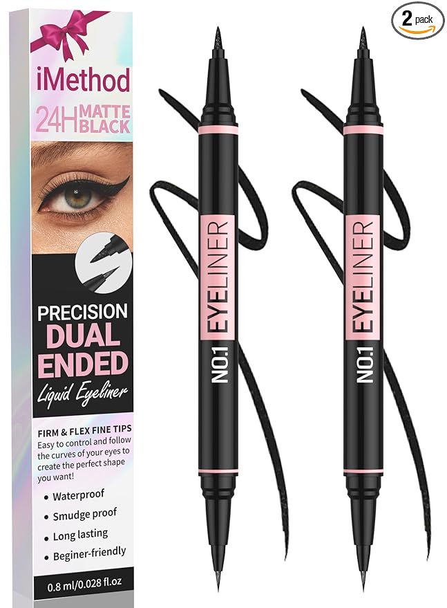 iMethod Liquid Eyeliner - Waterproof Eyeliner 2-in-1 Dual-Ended Eye Liner with Precise Brush-Tip and Thick Tip, Black Liquid Liner Pen, Matte Finish, Long Lasting, Smudge-proof, Black, 2 Pack