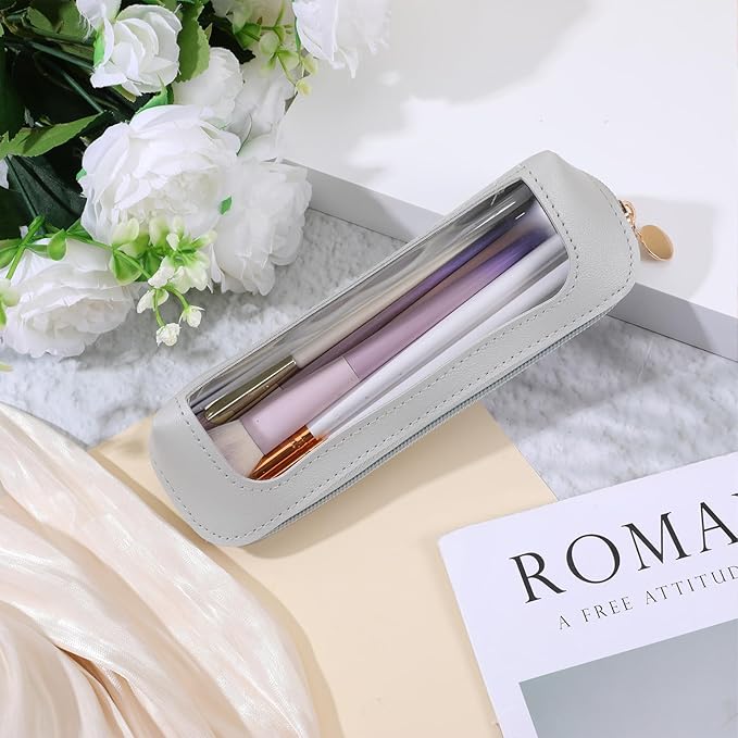 Psyqtsuary Small Clear Makeup Bag, PU Leather Travel Makeup Brush Bag Portable Transparent Waterproof Cosmetic Pouch with Zipper for Women Home Travel Office Cosmetic Storage (Grey)