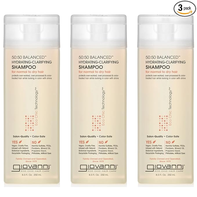 GIOVANNI ECO CHIC 50:50 Balanced Hydrating Clarifying Shampoo - Leaves Hair pH Balanced for Over-Processed Hair, Provides Moisture & Protection, Salon Quality, No Parabens - 8.5 oz (3 Pack)