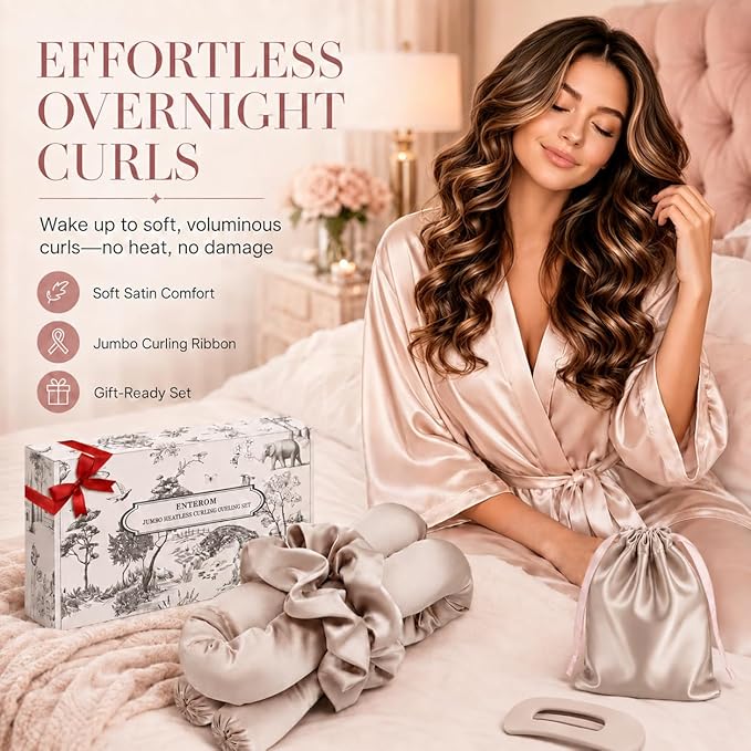 EnteromMuse Jumbo Heatless Curls Overnight Heatless Hair Curler – Oversized Heatless Curling Rod, No Heat Damage Hair Curler for Voluminous Curls, Rollers & Curls Set with Satin Fabric(Beige, Jumbo)
