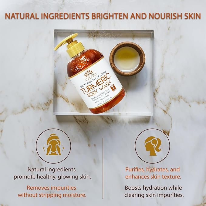 OKAY Turmeric Skin Brightening Body Wash 20 oz – Vitamin C & Collagen Glow Cleanser for Dark Spots & Even Skin Tone