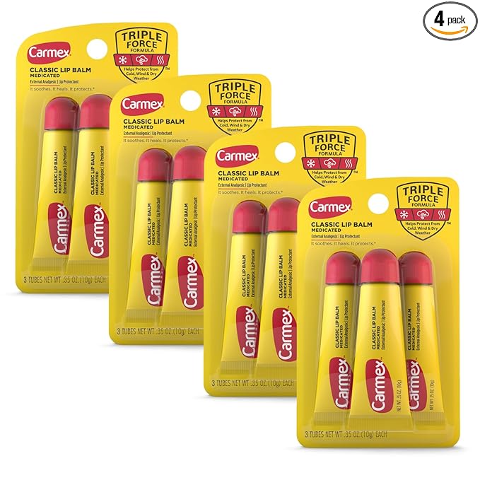 Carmex Classic Medicated Lip Balm Tubes, Lip Moisturizer for Chapped Lips, 12 Count (4 Packs of 3)