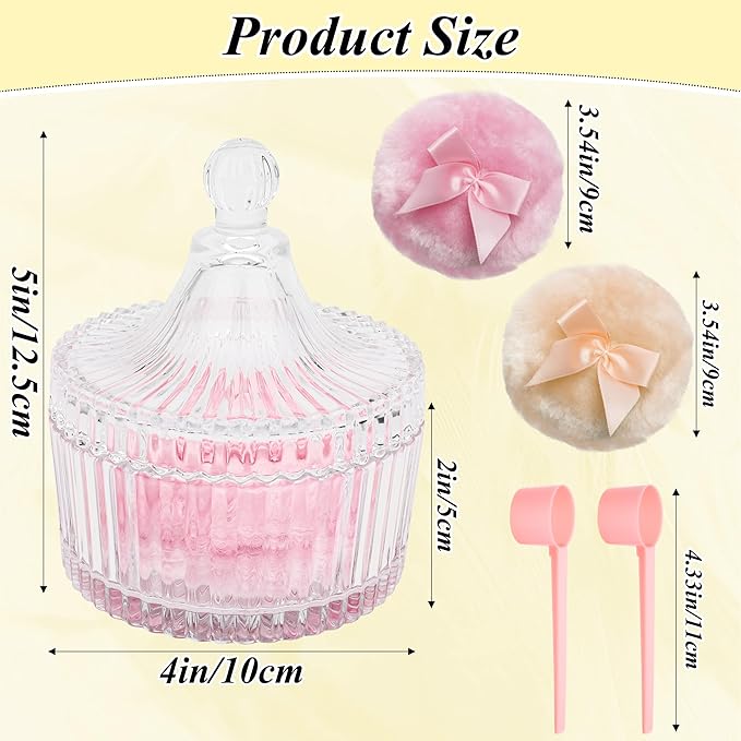 5 Pcs Large Body Powder Puff and Container Set, Anglecai 4 Inch Crystal Powder Puff Container for Body Powder Puff Dish with 2P Powder Puffs and 2P Spoon (Mongolian Yurt)