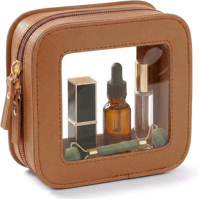 LETGO Clear Makeup Brush Bag Pouch, Waterproof PU Leather Portable Makeup Bag Holder with Transparent Window, Travel Lipstick Case Pouch Car Organizer and Storage, Square, Brown