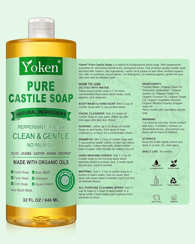 Yoken Peppermint Castile Soap Liquid (EWG Verified, 32 OZ) Made with Certified Organic Oils, Gentle Peppermint Soap for Body Wash, Face, Hands, Dishes, Laundry & More, Vegan Natural Versatile Cleanser