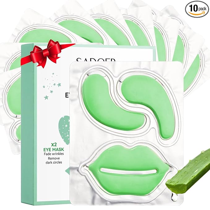 10 Pair Under Eye Mask & 10 Pair Lip Mask Skincare Set, Aloe Vera Lip Patches & Under Eye Patches for Puffy Eyes, Dark Circles, Dry Lips Lines, Deep Hydrating Moisturizing, Birthday Christmas Gifts