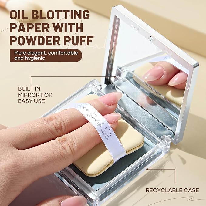 Blotting Papers for Face with Mirror and Puff, 100 Count Bamboo Charcoal Oil Blotting Sheets for Oily Skin, Portable Compact for Purse, Travel, and On-the-Go Touch-Ups