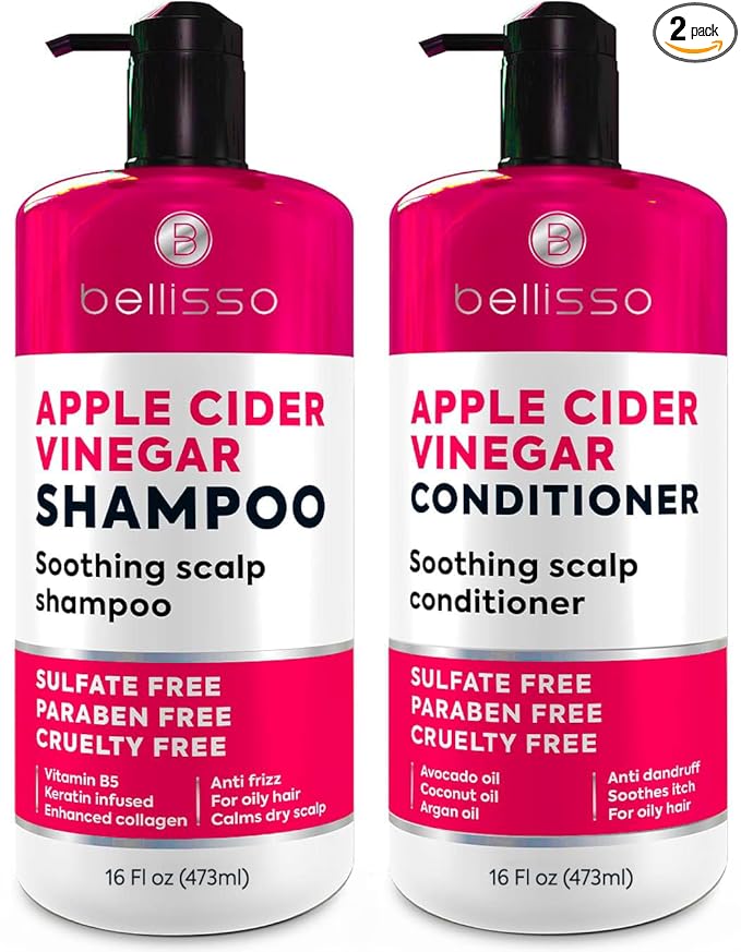 Apple Cider Vinegar Shampoo and Conditioner Set - Stop Flaky and Itchy Scalp – Sulfate Paraben Free Anti Dandruff Soothing Treatment for Dry, Oily and Damaged Hair - Intense Care for Women and Men