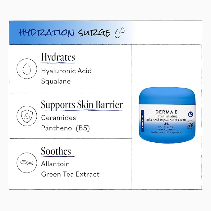 Derma E Ultra Hydrating Night Cream, Advanced Repair Overnight Face Moisturizer with Hyaluronic Acid to Replenish, Smooth and Nourish Skin, 2 oz