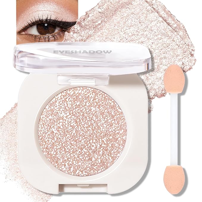 Pearl White Glitter Eyeshadow Palette, Single Shimmer Eye Shadow Palette Makeup Compact Pressed Powder Lightweight Blendable Highly Pigmented Sparkle Eye Highlighter for Women Travel-Friendly