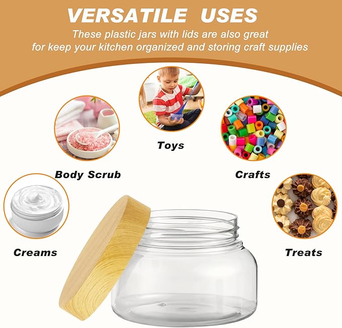 Tessco for you 24 Pack Plastic Jars with Lids Labels Multiuse Slime Containers Empty Body Scrub Jars Round Refillable Cosmetic Body Butter Container for Makeup (8 oz,Clear,Light Beech)