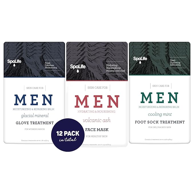 SpaLife Men's 12-Piece Spa Set | Fathers Day Gifts | Repairing Hand Gloves for Dry Hands, Cooling Mint Foot Socks for Cracked Heels, and Moisturizing Face Mask