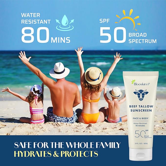 Blooskim Beef Tallow Sunscreen SPF 50: Natural Tallow & Zinc Oxide Sunblock Cream for Face & Body - Sun Protection with Non Greasy Formula for Women and Men - Water-Resistant 3 oz