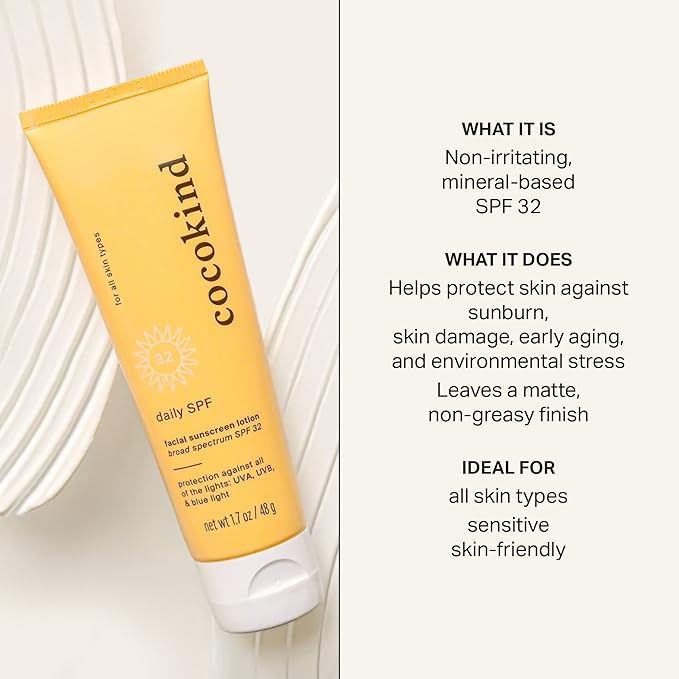 Cocokind Daily SPF, Mineral Face Sunscreen with Zinc Oxide, SPF 32, Reef Safe, Unscented, All Skin Types, Non-Toxic, Cruelty Free, 1.7 fl oz