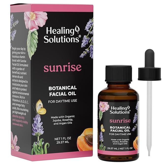 Healing Solutions – Sunrise Face Oil, All Natural and Certified Organic with Bakuchiol, Camellia, and Carrot Seed Extract, 1oz, Daytime Facial Moisturizer, Supports Visibly Renewed Skin