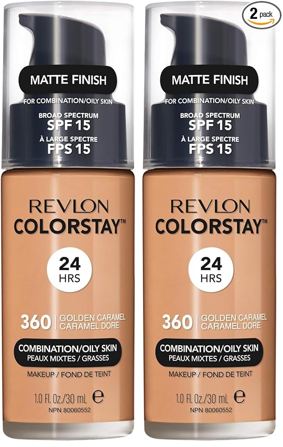 Revlon Liquid Foundation, ColorStay Face Makeup for Combination & Oily Skin, SPF 15, Medium-Full Coverage with Matte Finish, 360 Golden Caramel, 1 Fl Oz (Pack of 2)