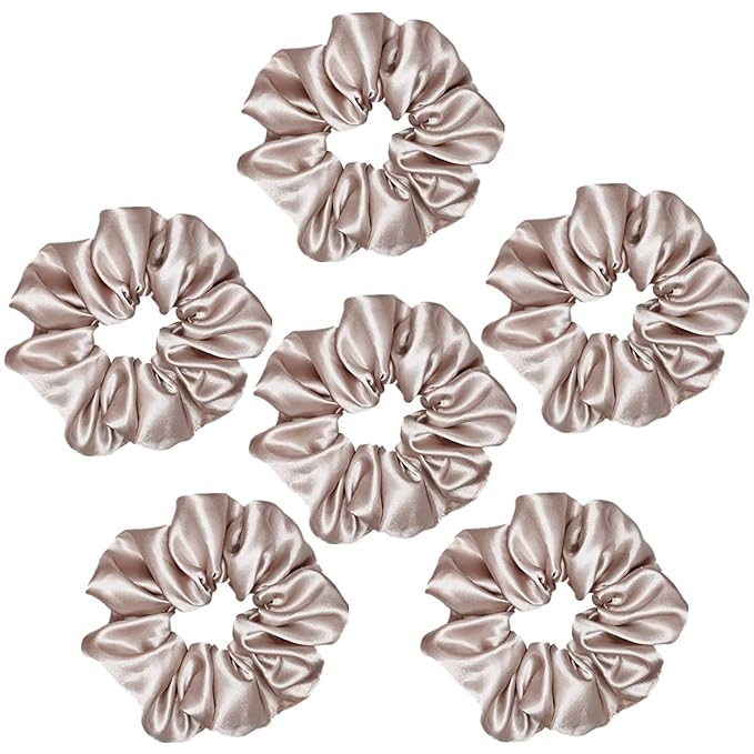 6 Pcs Satin Silk Hair Scrunchies Soft Hair Ties Fashion Hair Bands Hair Bow Ropes Hair Elastic Ponytail Holders Hair Accessories for Women and Girls (4.5 Inch, Champagne)