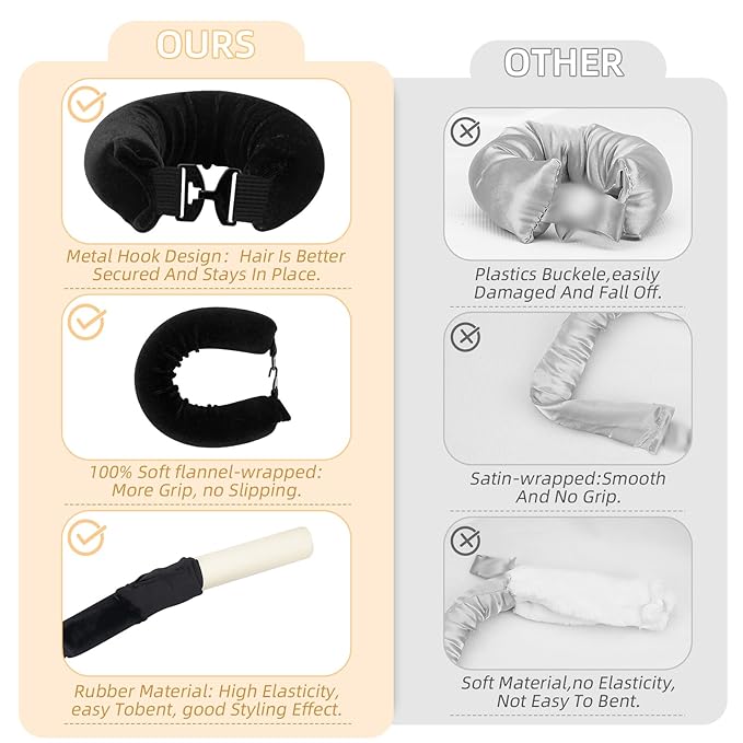 Overnight Heatless Hair Curler Blowout Rods Satin Flexi Rods for Heatless Overnight Jumbo Curls, No-Heat Styling Tools for All Hair Types, 3pcs Black
