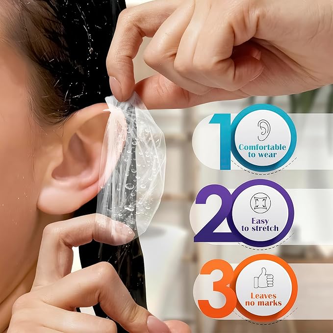 200 Pcs Ear Covers for Shower – 1.97x0.7" Disposable Ear Covers for Hair Dye, Stretchable up to 4.6" – Splash-Resistant, Lightweight Plastic, Comfortable to Wear | Suitable for Home, Spa, and Travel