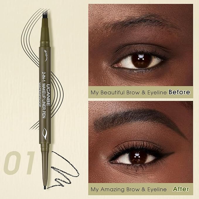 UCANBE Eyebrow Pen, Dual-Ended Eyebrow Pencil with 4-Fork-Tip & Gel Eyeliner for Women, Eye Brow Pen with Gel Eyeliner Pencil, Microblading Eyebrow Pencils with Hair Like Strokes, Soft Black