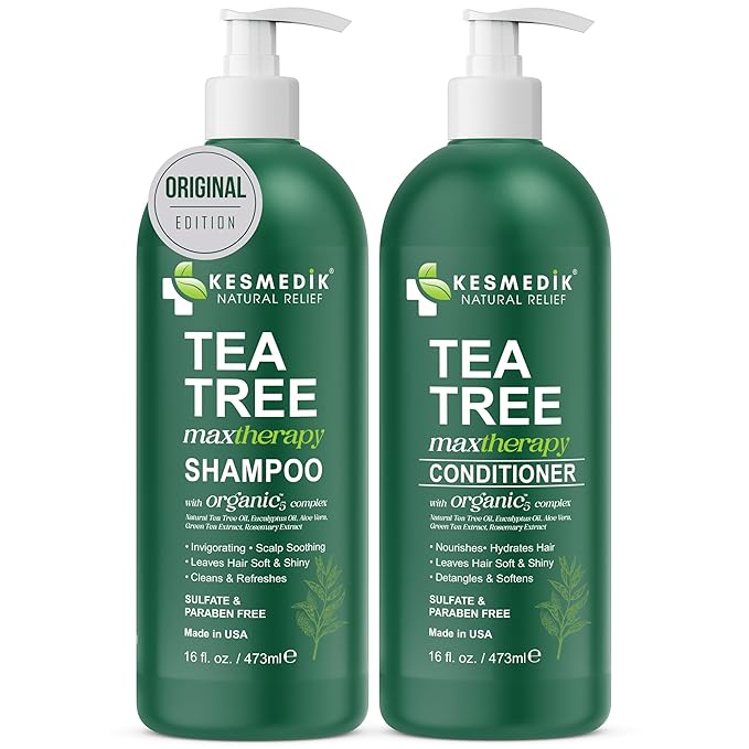 KESMEDIK Tea Tree Oil Shampoo and Conditioner MaxTherapy Set, Itchy Scalp Relief, Refreshes & Cleanses Dandruff & Buildup, Clarifying for Oily Hair, Women & Men, 16 fl oz Each