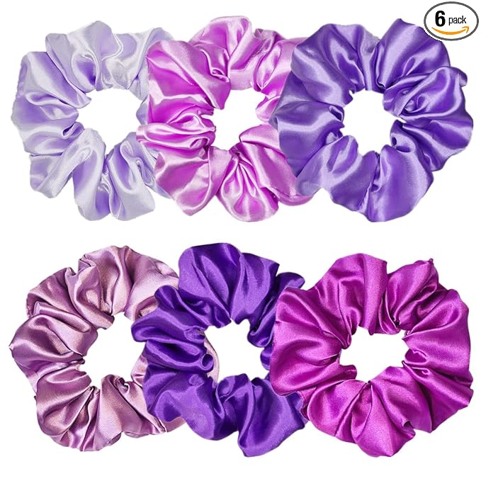 Sufermoe 6 Pcs Satin Silk Hair Scrunchies, Soft Hair Ties for Women and Girls, 4.5 Inch Hair Bands, Assorted Purple