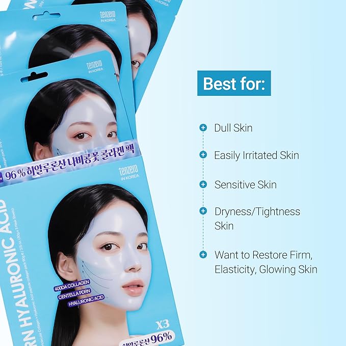 tenzero Watery Hyaluronic Acid PDRN Mask Pack (3 Sheets x 30g), Overnight Hydrogel Mask, Deep Hydrating, Elasticity Enhancing, Soothing For Sensitive Skin with Centella PDRN, Hyaluronic Acid
