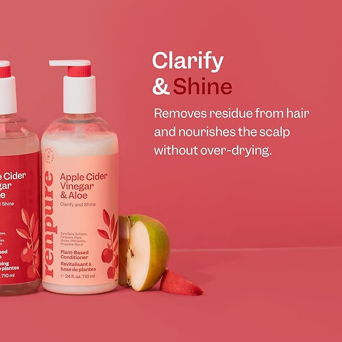 RENPURE Apple Cider Vinegar & Aloe Conditioner, Plant-Based – Clarifies, Removes Residue and Nourishes for Shiny, Healthy Hair – For Dull Hair - Apple Cider Vinegar, Aloe Leaf Juice – 24 Fl Oz