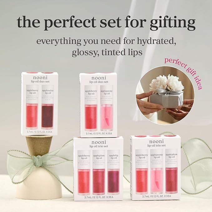 NOONI Korean Lip Oil Set - Appleberry, Applepeony & Appleplum - Long-Lasting, Moisturizing, Revitalizing - Waterproof, No Peel Off, Stocking Stuffers (3EA, 0.12 fl oz)