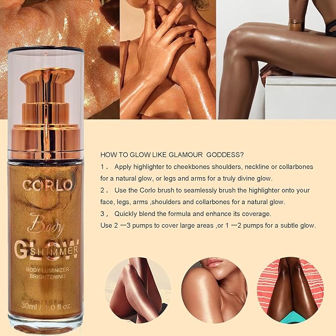 Shimmer Body Oil Glistening Bronze Natural Glow Luminizer Highlighter Waterproof Long Lasting Moisturizing for Face and Body
