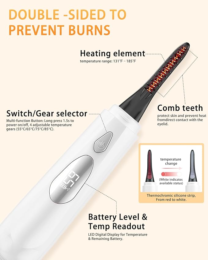 Heated Eyelash Curler for Women - 10s Fast Heating, 4 Adjustable Temp (131℉ - 185℉), LED Display, 24H Long-Lasting Curling Eye Lash Curler, Ergonomic Design, Travel-Friendly Makeup Tool Gift, White