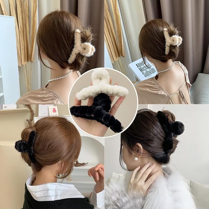 Sokfone 2pcs Fuzzy Claw Clip, Plush Hair Clamp for Thick Hair, Large Faux Fur Hair Clips, Cute Hair Clips for Thin Hair