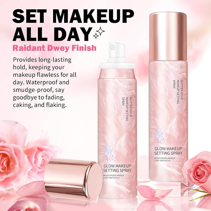 Glow Makeup Setting Spray - Shimmer Dewy Setting Spray for Makeup Long-Lasting, Ultra-fine Lightweight Setting Mist, Hydrating Finish Illuminating Finishing Mist, 4 Fl Oz
