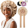 Reversible Satin Bonnet for Women with 3PCS Hair Scrunchies Tie Band Hair Bonnet - Large 2 Layered Silk Sleep Cap - Nightcap for Sleeping (Reversible Coffee/Champagne)