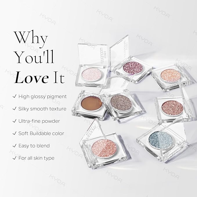 KYDA Single Glitter Eyeshadow, Pale Champagne Silver Eyeshadow, Lasting Blendable Shimmer Pearl Eyes Shadow, Sparkling Eyes Glitter, Soft Buildable Glossy Color, Wet Look Effect, Weaving Maid