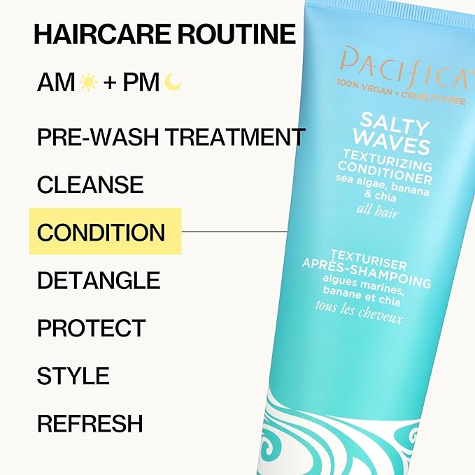 Pacifica Salty Waves Texturizing Shampoo & Conditioner Set – Beachy Waves Hair Care for Fine or Wavy Hair, Sea Salt & Banana for Volume & Texture, Sulfate Free Surf Hair Duo, 12 oz Each