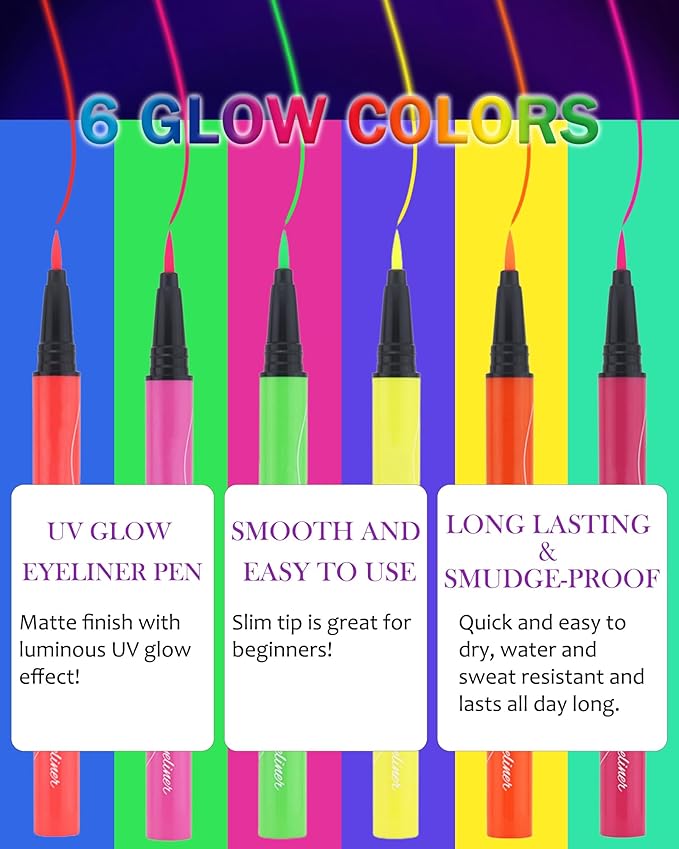 UV Glow Neon Liquid Eyeliner Set-6 Colors Matte Rainbow Eye Liner Pen, Colored Luminous Neon Eyeliner, Waterproof Smudge Proof, High Pigmented Colorful Eyeliner for Women Girl Rave Halloween Makeup