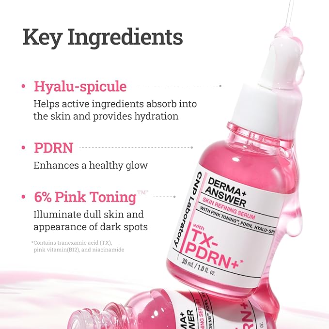 CNP PDRN + Tranexamic Acid Serum, Pink Toning Skin Booster, Niacinamide & Micro-spicules, for Glass Skin, Korean Skin Care, 1. 01 fl. oz. (Pink)