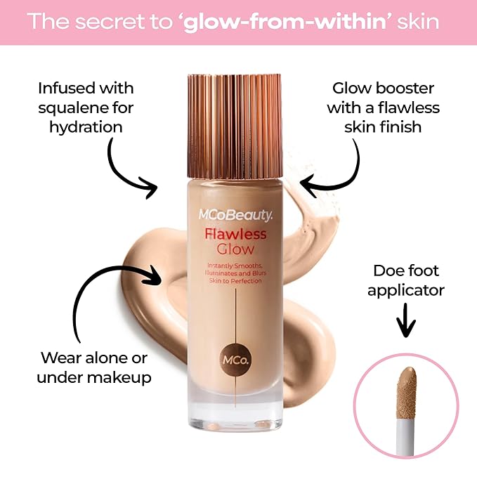 MCoBeauty Flawless Glow Luminous Skin Filter - 5.5 Natural Medium - 4-in-1 Primer, Highlighter & Foundation Booster - Dewy Illuminating Tint Face Makeup with Squalane Vitamin E - Vegan & Cruelty Free