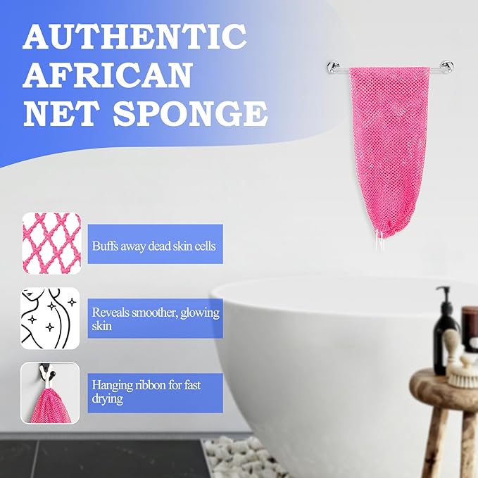 African Net Sponge - Deep Exfoliating Body Scrubber - Ultra Long African Net Sponge Reaches All Back Areas, Gently Buffs Away Dry Flaky Skin for a Renewed Feel, Home Spa Experience（Rose red）