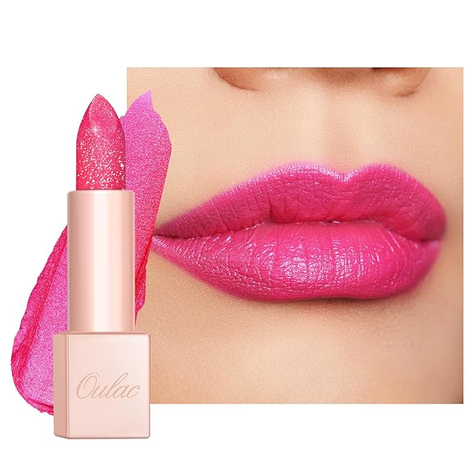 Oulac Pink Shimmer Lipstick for Women, Infinity High Shine Finish, Hydrating Lip Color Infused with Damask Rose Oil for All-Day Comfort, Gluten-Free Vegan Beauty, D09 Sparkle Crush